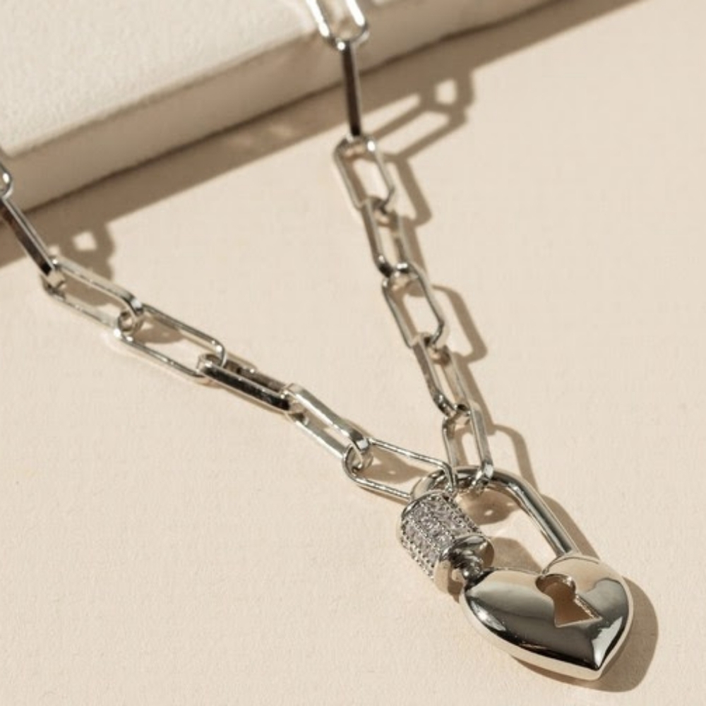 Silver Chain Necklace with Heart Lock Charm